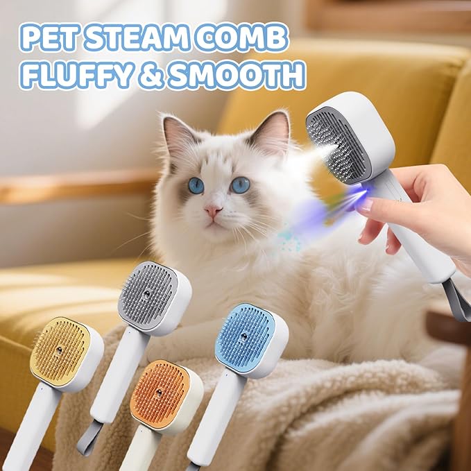 3-in-1 Cat Steam Brush – Self-Cleaning Pet Spray Grooming Comb for Cats & Dogs, USB Rechargeable, Shedding, Massaging & Hair Removal with Cool Mist (Blue)