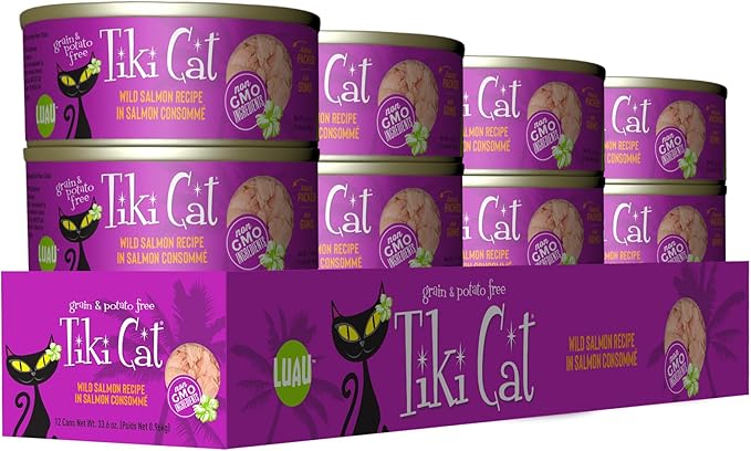 Tiki Cat Luau Shredded Meat,Wild Salmon Recipe in Salmon Consumme,Grain-Free Balanced Nutrition Wet Canned Cat Food,for All Life Stages,2.8 oz. Can,(Pack of 24)
