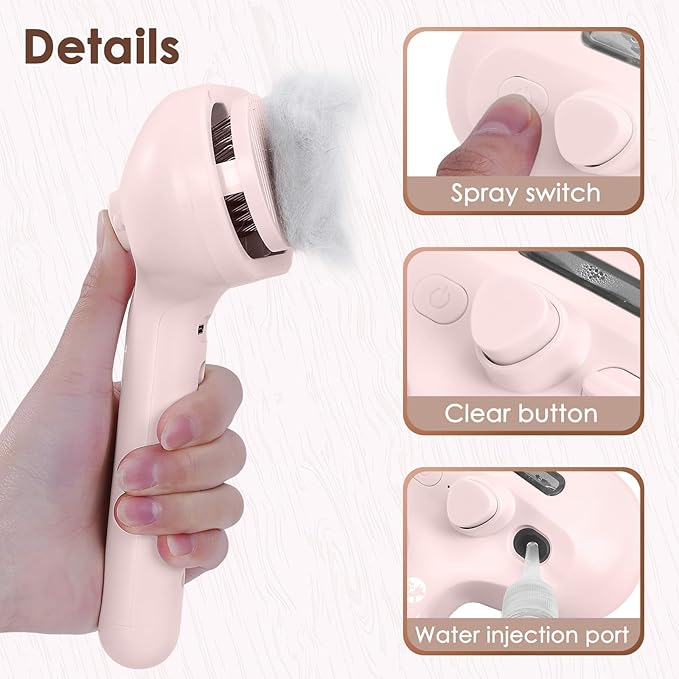 Cat Steam Brush - Anti-Static Rechargeable Steamy Brush for Cats and Dogs, Removes Flying Hair with Release Button and Tank - Pink