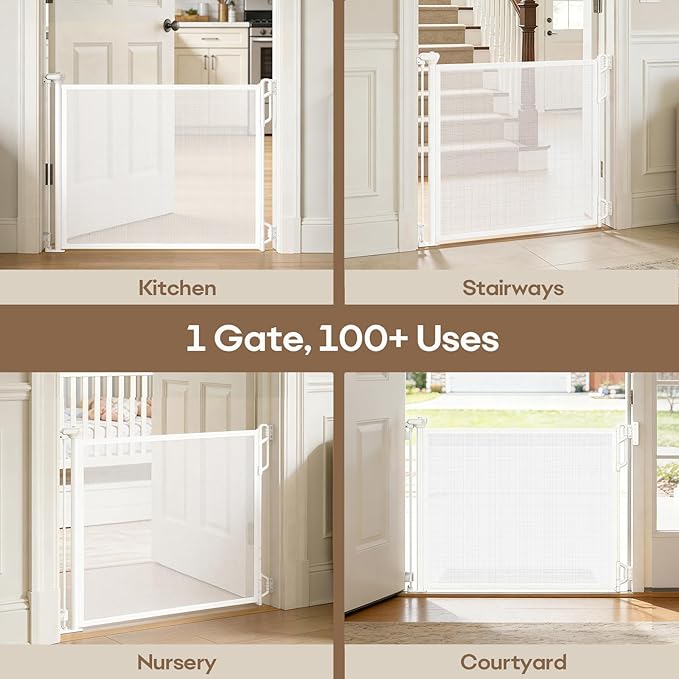 Retractable Safety Baby Gate or Mesh Dog Gate,Durable Portable Mesh Retractable Gate,Easy to Use for Stairs, Doorways, Hallways, Indoor, Outdoor, 33.5" Tall, Up to 45" Wide, White