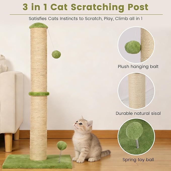 22" Small Cat Scratching Post, 3-in-1 Durable Sisal Vertical Cat Scratcher Post with Hanging Ball, Soft Fabric Stable Base Cat Scratch Pole for Kittens or Smaller Cats, Green