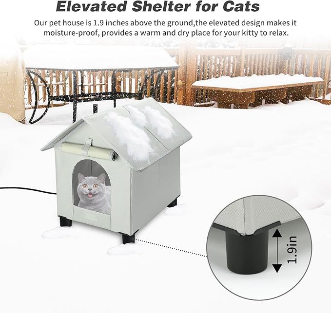 BWOGUE Elevated Heated Cat House for Outdoor Cats in Winter, Waterproof & Insulated Feral Cat Shelter for Outside Cats,Weatherproof Feral Cat House for Outside (Grey, S)