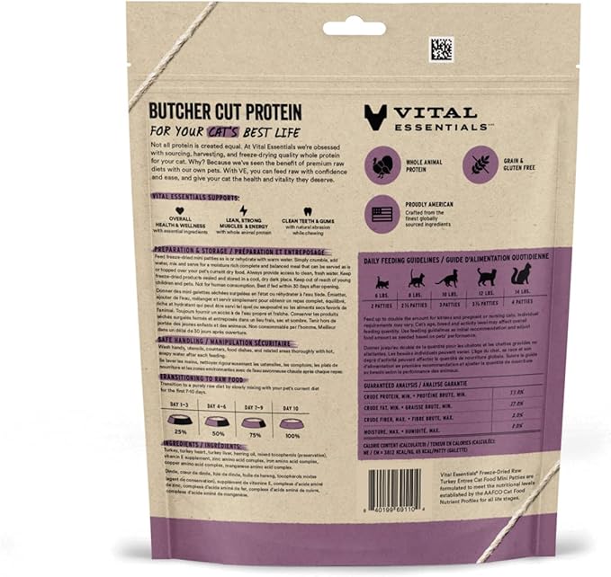 Vital Essentials Freeze Dried Cat Food, Raw Turkey Mini Patties | Complete Meal or Topper | Easy to Portion and Rehydrate | High Protein, Grain Free Dry Cat Food | 3.5 oz Bag