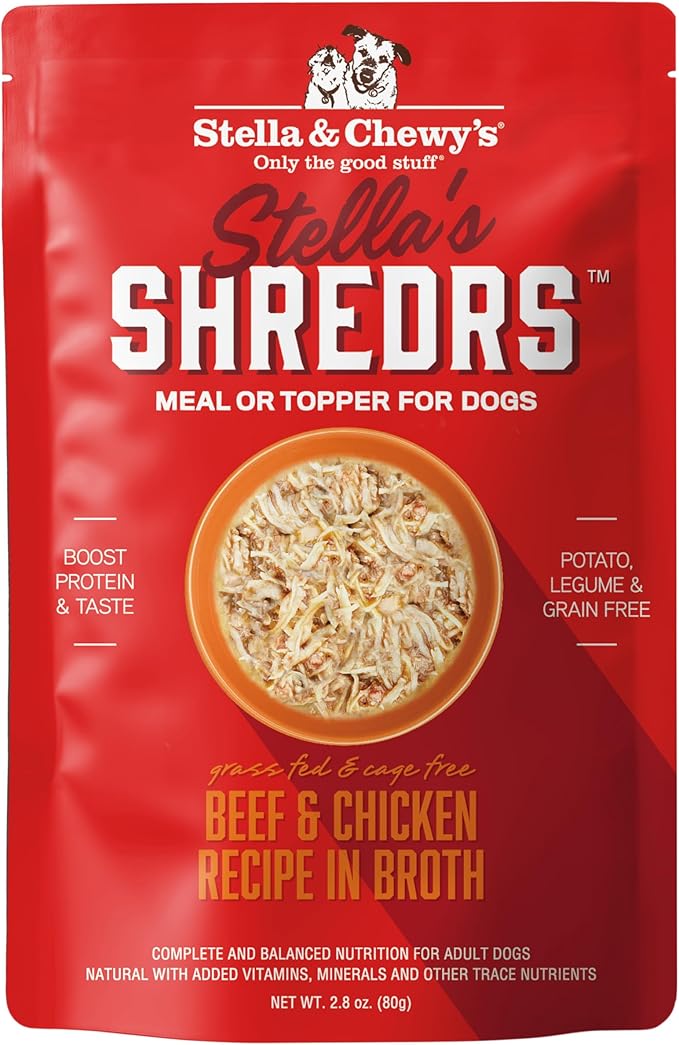 Stella & Chewy's Grass Fed Beef & Chicken Shredrs - Premium Dog Food Pouches - Perfect For Picky Eaters - 12 Pack, 2.8oz Each