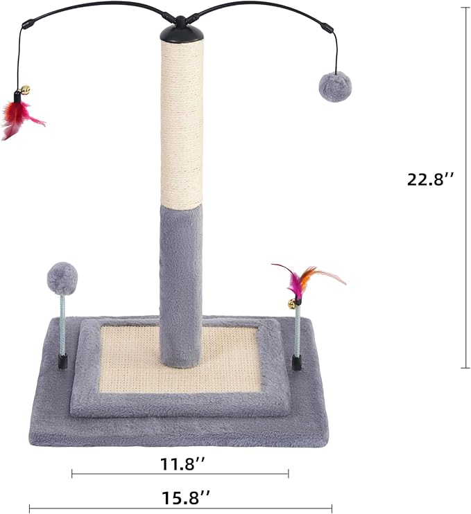 YUNIQUE Cat Scratching Post with Sisal Rope, Small Cat Tree with Dangling Balls & Feather for Kittens(Grey, 22.8'')