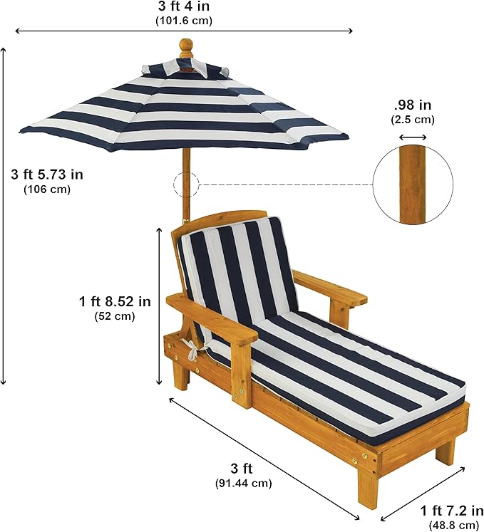 KidKraft Outdoor Wooden Chaise Lounge, Backyard Furniture Chair with Umbrella and Cushion, for Kids or Pets, Navy and White Striped Fabric
