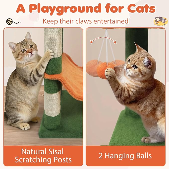Tangkula Cat Tree Tower, 44 Inch Multi-Level Cat Tower with Sisal Scratching Posts, 2-Door Condo, Padded Top Perch & Hammock, 2 Hanging Balls, Jumping Platforms for Indoor Cats (Green & Orange)