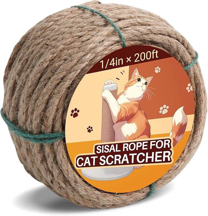 Sisal Rope for Cat Scratcher 1/4" 200 Ft Cat Tree Twine for Repairing Cat Scratching Post Replacement DIY Hemp Rope for Carpet Mat, Pet, and Crafts Gardening Home Decorating