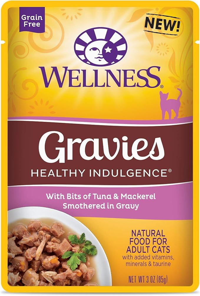 Wellness Healthy Indulgence Natural Grain Free Gravies with Tuna & Mackeral in Gravy Wet Cat Food, 3 oz., Case of 12, 12 X 3 OZ