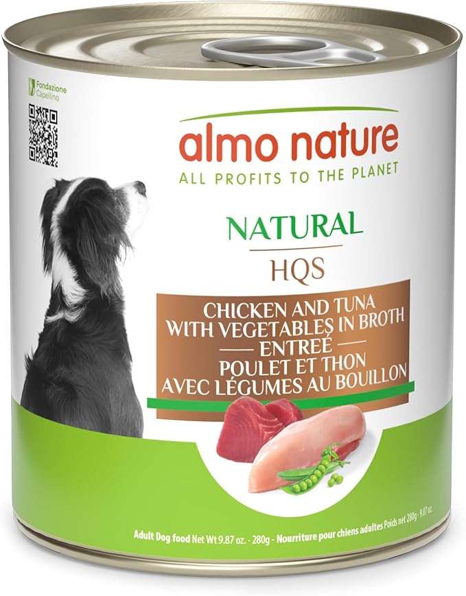 almo nature HQS Natural Chicken and Tuna Entree with Vegetables in Broth, Gluten Free, Additive Free, Adult Dog Canned Wet Food, Shredded 12 x 280g/9.87 oz