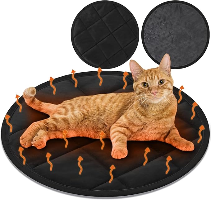 2 Pcs Self Warming Cat Mat Round Self Heating Pad Bed Reversible Machine Washable Heated Bed Anti Slip Warming Pad Pet Mat for Cat Crate Indoor Outdoor(Black,16 Inch)
