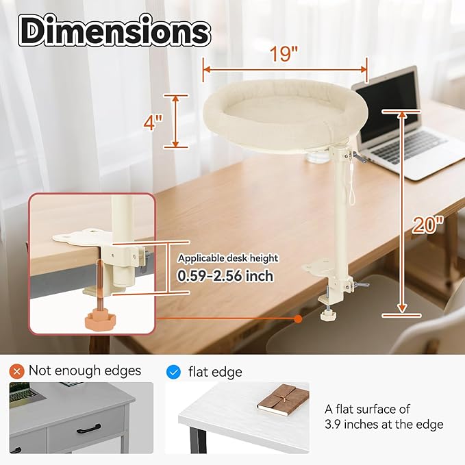 Cat Desk Bed,Steel Cat Bed for Desk,Up and Down Available,360° Rotating, Shelf Height Adjustable, Desktop Attachment Cats Nest Perch Hammock for Office Game Tables, Supports 40lb（Beige）