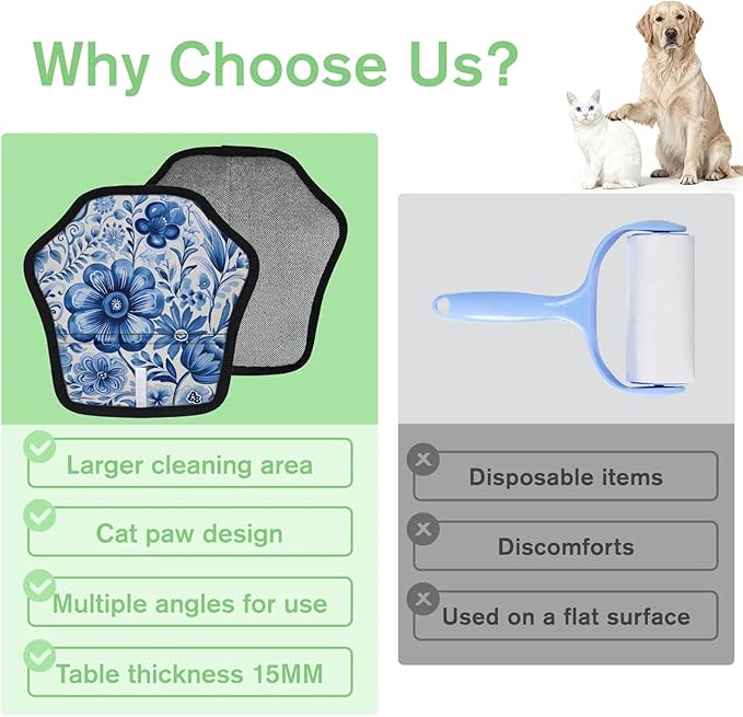 Reusable Pet Hair Removal Glove Blue Flowers Magic Brush for Cat & Dog Hair Remover for Car, Sofa, Bedding, Clothes - 9x9 Mitt Washable