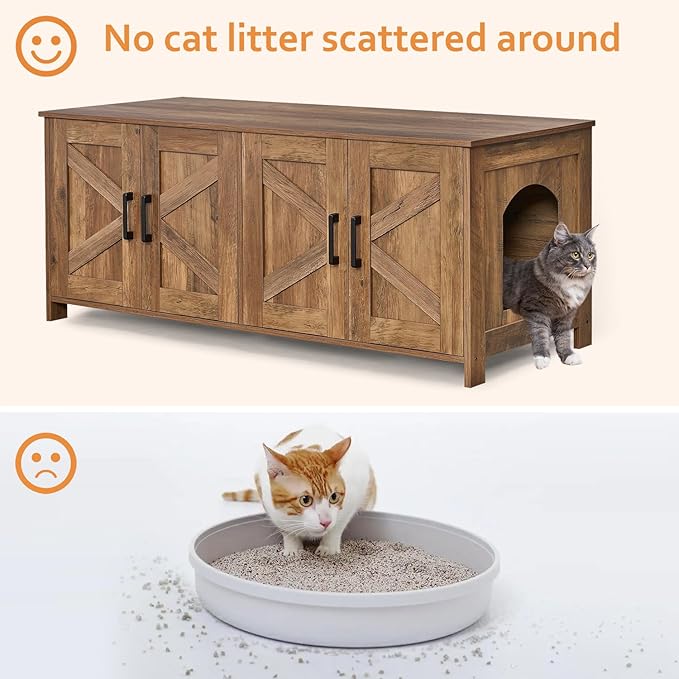 Homhedy Cat Litter Box Enclosure for 2 Cats, Wooden Pet Washroom Furniture with Double Room, Cat House, 47.2”L x 19.7”W x 19.7”H, Rustic Walnut