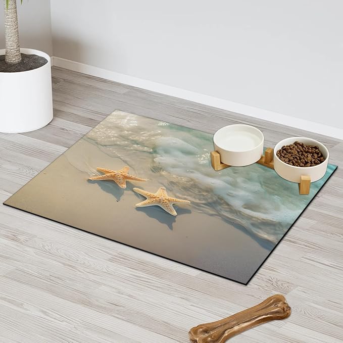 Starfish Dog Food Mat for Floors Absorbent, Quick Dry Water Dispenser Mat for Food, Water, Pet Supplies 24" x 32", Ocean Beach