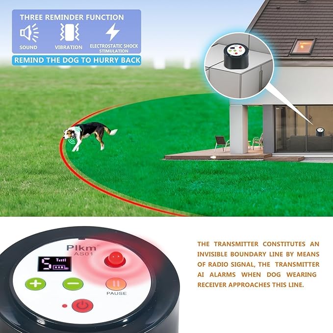 Plkm 2026 Newest Dog Wireless Fence Intelligent Pet Electric Containment System, Transmitter AI Smart Alarm Dog Out of Range Reminder, 360° Strong Signal Coverage, Display Receiver Battery Level