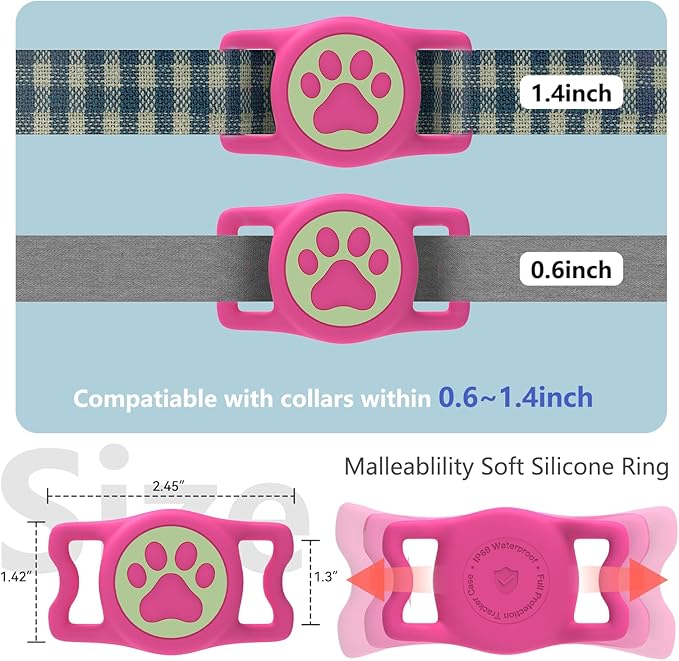 2-Pack Airtag Holder for Dog Collar, Waterproof Silicone Protective Case Cover, Anti-Lost Tracker Universal Fit for All Width Pet Collars (Blue with Night Glow&Rose Red with Night Glow)