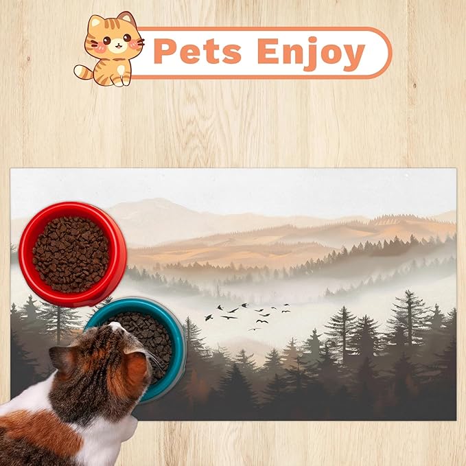 Misty Forest Dog Food Mat for Floors Absorbent, Quick Dry Water Dispenser Mat for Food, Water, Pet Supplies 17" x 30", Mountains Bird