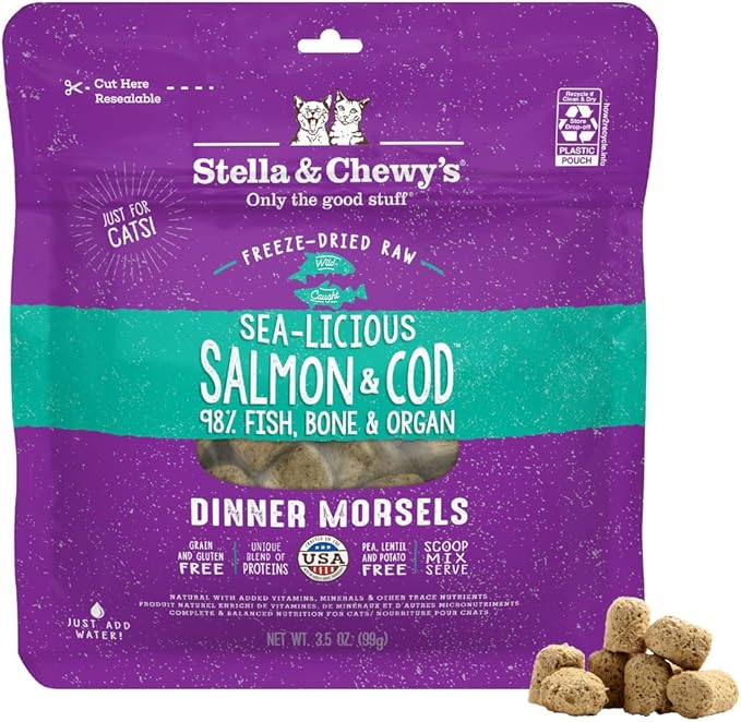 Stella & Chewy's Freeze-Dried Raw Cat Dinner Morsels - Premium Salmon & Cod Recipe with 98% Wild-Caught Fish & Organs - Natural Grain-Free Cat & Kitten Food - Made in USA - 3.5 oz