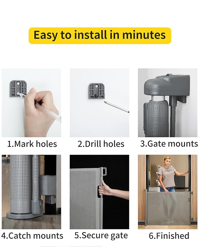 Retractable Baby Gate for Stairs – 33” Height, Expands up to 71” Width – Safety Gate for Infants, Toddlers, Dogs & Pets – Easy Install, Secure Closure, Gray Mesh Design for Indoor & Outdoor Use