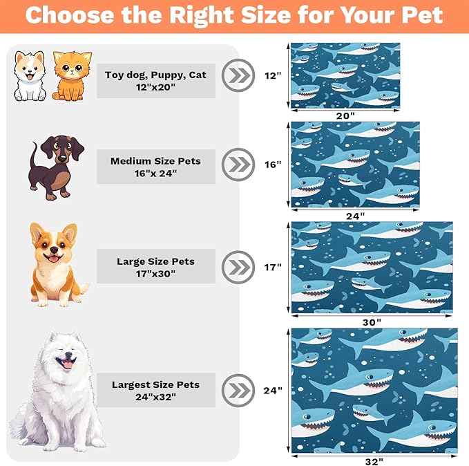 Cartoon Shark Dog Food Mat for Floors Absorbent Dog Bowl Mat for Food and Water Dispenser Quick Dry Cat Food Placemat Pet Supplies 12" x 20", Ocean Sea