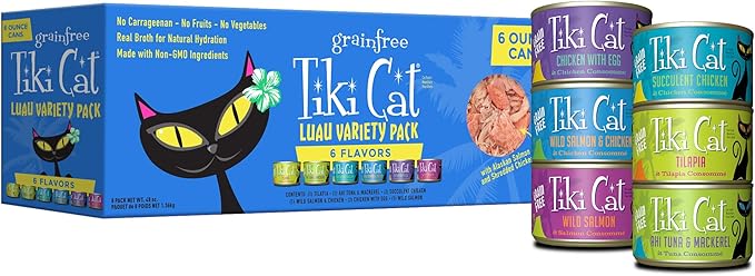 Tiki Cat Luau Variety Pack, Succulent Combinations of Real Shredded Protein in a Rich Flavorful Consumme, Grain-Free Balanced Nutrition Wet Canned Cat Food, for All Life Stages, 6 oz. Can (8 Count)