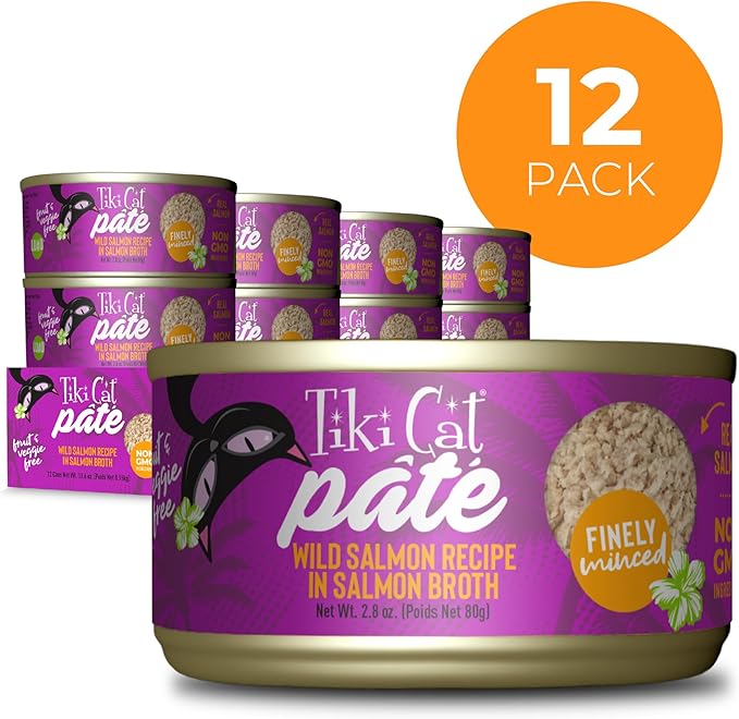 Tiki Cat Luau Pâté, Wild Salmon Recipe in Salmon Broth, Grain-Free Balanced Nutrition Wet Canned Cat Food, for All Life Stages, 2.8 oz. Cans (Pack of 12)