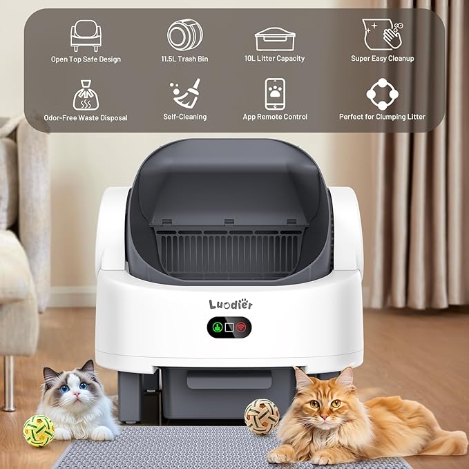 Self Cleaning Cat Litter Box, Open-Top Large Automatic Litter Box for Multiple Cats with Safety Sensors, Includes Liner Bags and Litter Mat White