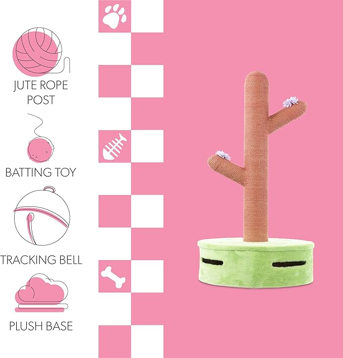 CTR1004A Rosa 36" Modern Jute Cactus Cat Scratching Post with Flower Toys and Built-in Bell Toys, Pink/Green