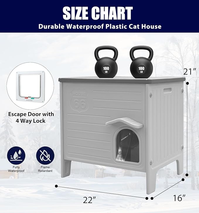 Plastic Cat House Outdoor & Indoor, Feral Cat Houses with Escape Door, Waterproof Outdoor Cat House for Feral Cats, Outside Cat Shelter for Small Pet, Assemble Easily-Grey