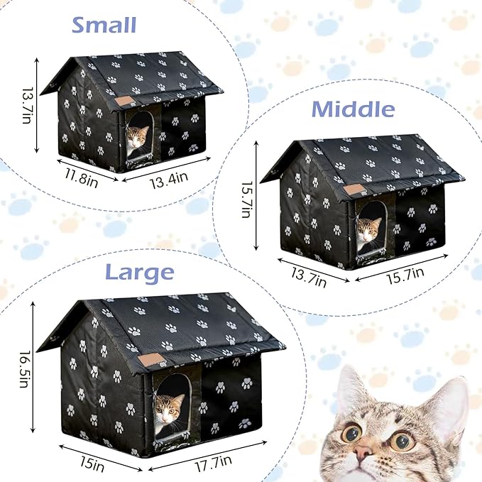 Fhiny Stray Cats Shelter, Waterproof Outdoor Cat House Foldable Warm Pet Cave for Winter Wild Animal Tent Bed Anti-Slip Kitten Cave for Feral Cat Dog Puppy Weatherproof Black (S:13.4"×11.8"×13.7")