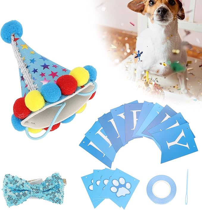 Dog Birthday Hat and Bow Tie Set, Adjustable Soft Pet Birthday Party Supplies with Banner for Small Medium Dogs, Washable Polyester Cotton Decorations for Photo Shoots (Blue)