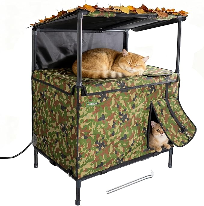 Outdoor Cat House, Weatherproof with Canopy Double-Decker Feral Outside Cat Shelter, Roof Deck & Elevated Stand - Camo Insulated Kitty House for Winter Rain & Wind for 2 Cats (No Heating Pad)