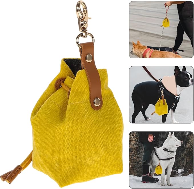 Portable Dog Treats Pouch with Keychain, Felt Drawstring Pet Food Bag for Outdoor Training and Walking, Yellow Puppy Food Holder for Travel and Pet Supplies