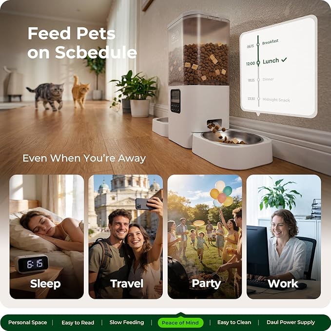 Timed Automatic Cat Feeder 2 Cats with Slow Feed: Dual Automatic Dog Feeder with Information Visualization, Programmable Auto Cat Food Dispenser for Multiple Pets,Detachable for Clean-29 Cup