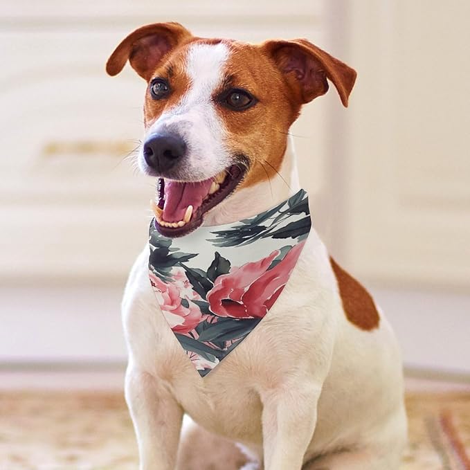 Dog Bandana Spring Pet Scarf Adjustable Triangle Peonies Spring Printing Dog Bib Washable Polyester Puppy Bandana for Small Medium Large Dogs Cat Birthday Party Supplies