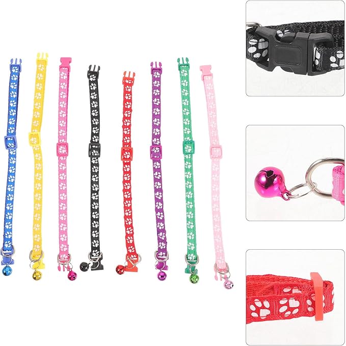 DECHOUS 8pcs Pet Dog Collars with Paw Print Pattern and Bell, Adjustable Mixed Color Printed Collars for Cats and Small Dogs, Decorative Pet Supplies for Daily Wear Random Color