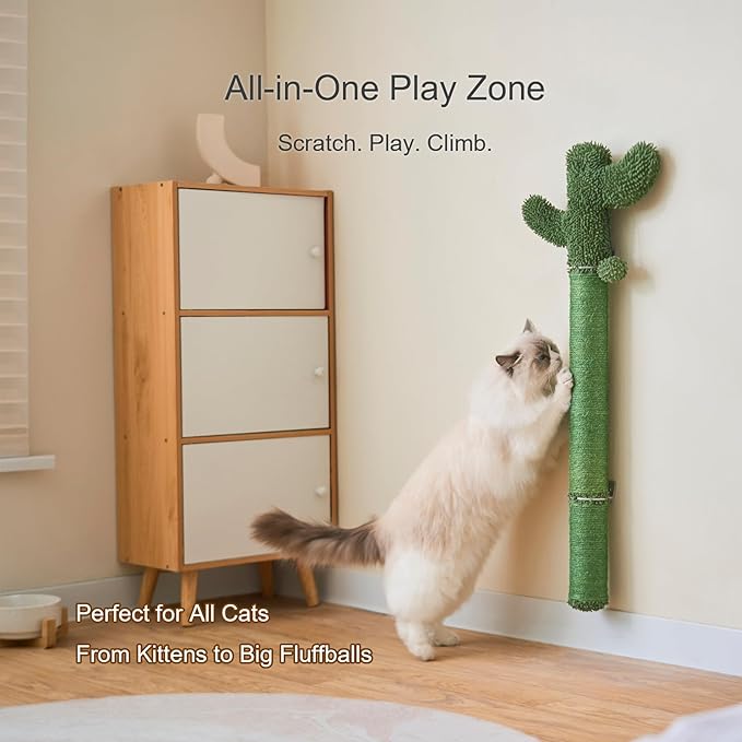 Wall Mounted Cat Scratcher, 35” Extra-Tall Vertical Sisal Scratching Post for Large Cats, Space-Saving Wall Cat Scratcher with Hanging Ball Toy, Cactus Design, Green