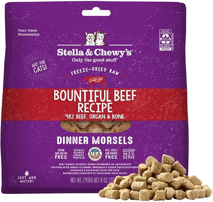 Stella & Chewy's Freeze-Dried Raw Cat Dinner Morsels - Premium Beef Recipe with 98% Grass-Fed Meat & Organs - Natural Grain-Free Cat & Kitten Food - Made in USA - 8 oz
