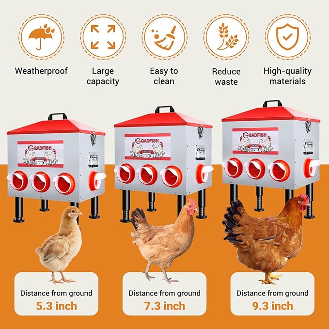 GADFISH 55 lbs–65 lbs Large Capacity Automatic Chicken Feeder - 8 Feeding Ports, No Waste Chicken Feeder, Height-Adjustable Legs & Secure Locking Lid for Chickens, Ducks & Poultry
