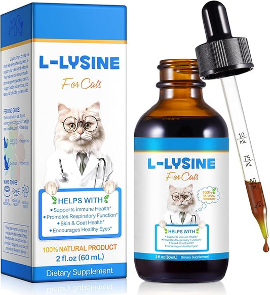 L-Lysine Liquid Drops for Cats - Chicken Flavor Immune Support & Respiratory Health Supplement with Echinacea & Vitamins - Helps Reduce Sneezing, Watery Eyes & Tear Stains, 60ml