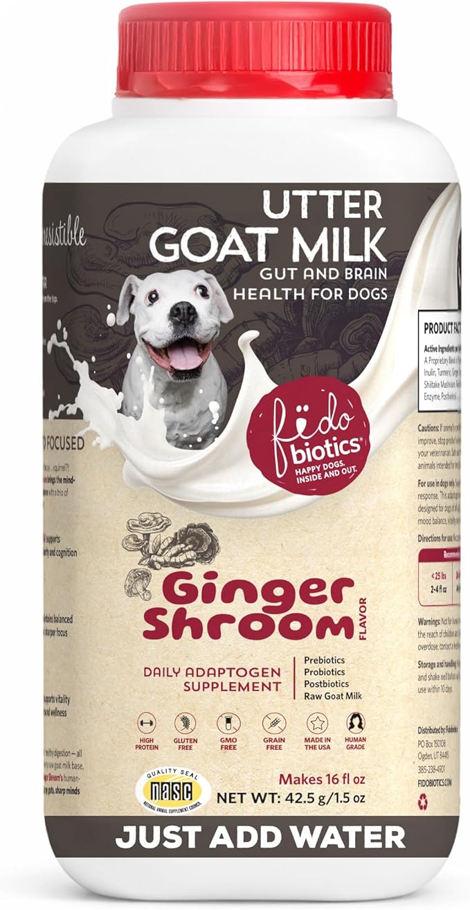 Fidobiotics Goat Milk Powder for Dogs, Mix and Serve Gut and Brain Health Support with Prebiotics, Probiotics, & Postbiotics, Ginger Shroom Flavor,16oz