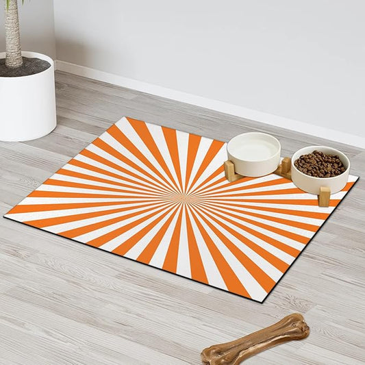 Striped Dog Food Mat for Floors Absorbent, Quick Dry Water Dispenser Mat for Food, Water, Pet Supplies 16" x 24", White Orange