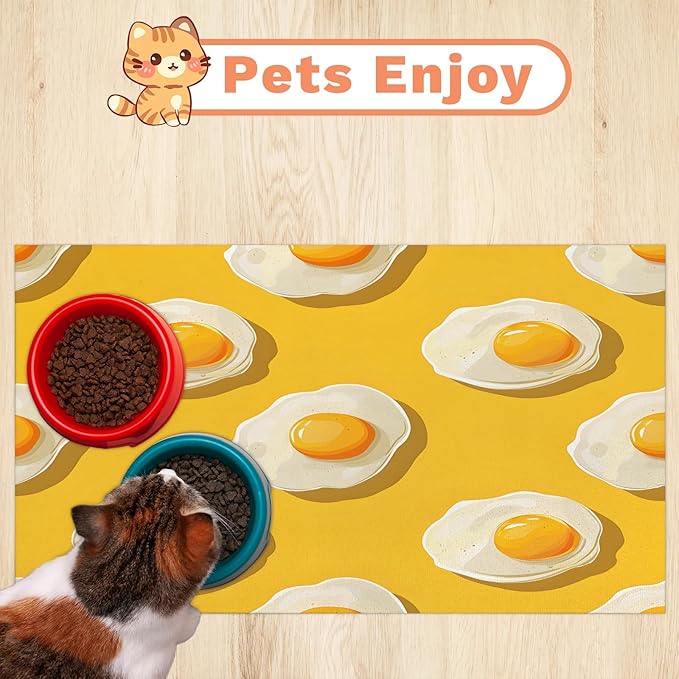 Cartoon Egg Dog Food Mat for Floors Absorbent Dog Bowl Mat for Food and Water Dispenser Quick Dry Cat Food Placemat Pet Supplies 16" x 24", Cute Fried Egg