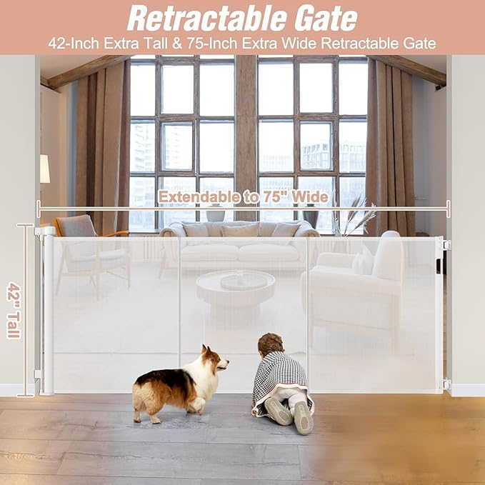 Reinforced 42" Extra Tall x 75" Wide Retractable Gate with Support Rods - Prevent Crawling Under Extra Tall Baby Gate Retractable Dog Gate Indoor Long Dog Gate Outdoor Retractable Pet Gate, White