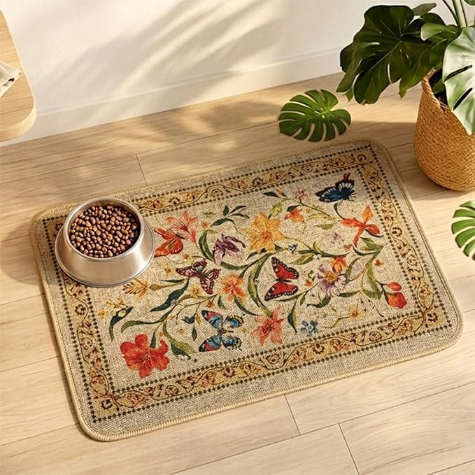 Dog Food Mats for Floors, Waterproof Quick Dry for Cat Bowl Food and Water, Eco-Friendly Accessories Pet Supplies(12"x20", Beige Color Flower)