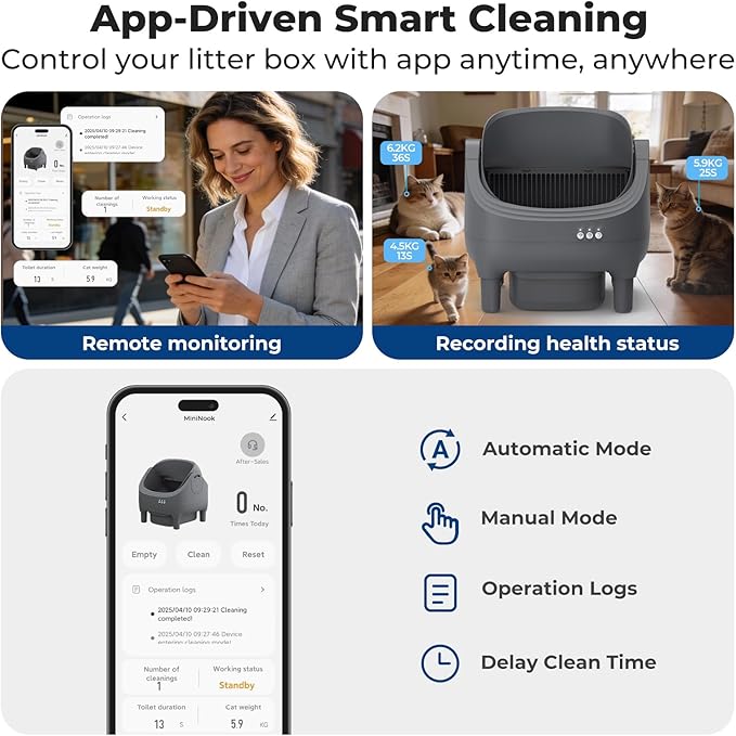Self Cleaning Litter Box, Automatic Cat Litter Box-APP Control, Open-Design Electric Litter Box, Safety Anti-Pinch, Odor-Free Waste Disposal Includes Trash Bags, Suitable for Multiple Cats, Grey