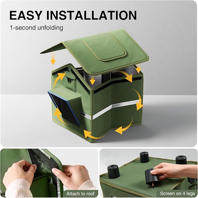 Outdoor Cat House for Outside with Elevated Base Cat-Attracting Eave Design and Cat Toys Feral Stray Shelter Weatherproof in Garage Yard Porch (Dual Camera Ports)