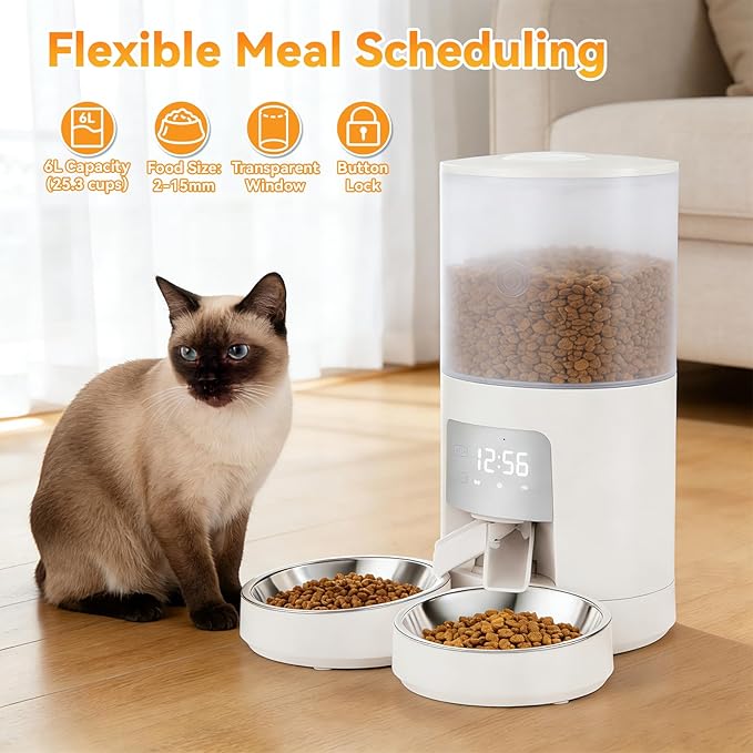 NEWBULIG Automatic Cat Feeder for 2 Cats, 6L Timed Pet Feeders with 10s Voice Recorder, Dog Food Dispenser, Dry Food, 6 Meals, Programmable 50 Portions, Dual Power Supply