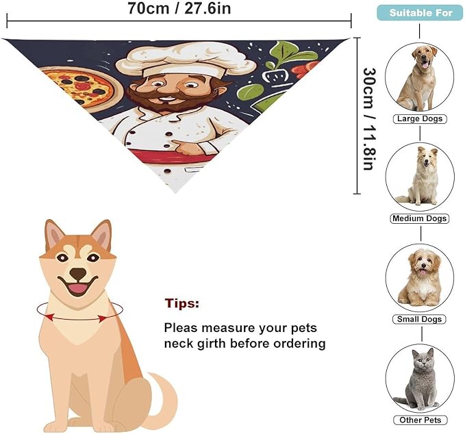 Dog Bandana Spring Pet Scarf Adjustable Triangle Chef Pizza Printing Dog Bib Washable Polyester Puppy Bandana for Small Medium Large Dogs Cat Birthday Party Supplies